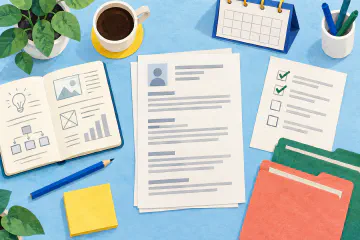Illustration of application documents, work examples, and a review checklist.