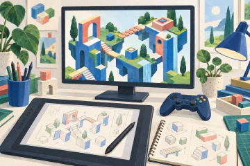 Illustration of a game-development desk with a puzzle-level sketch and controller.