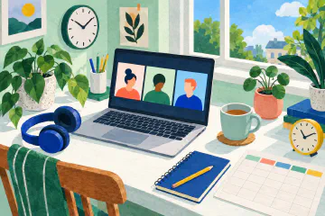 Illustration of a remote workspace with a video-call laptop, headphones, and clocks.